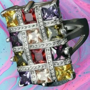 BEAUTIFUL MULTI-COLOUR GEMSTONE FASHION RING TIC TAC TOE SZ 6